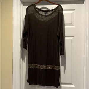 NY Collection tunic choc brown, beading at waist
